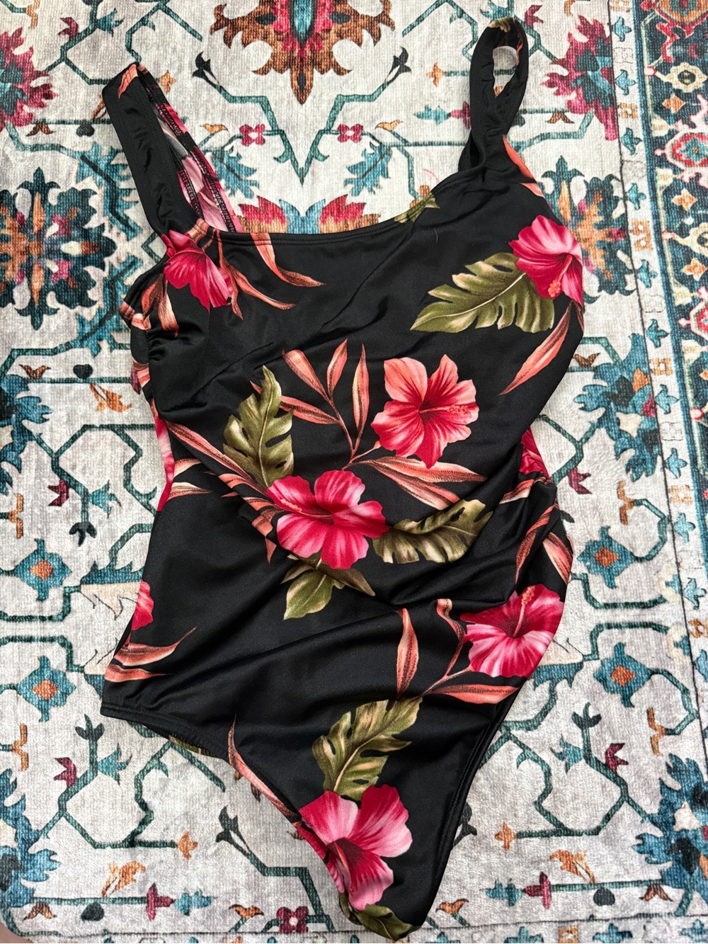 VTG Sirena Floral Black Pink One Piece Swim Suit Tropical Womens Size 14